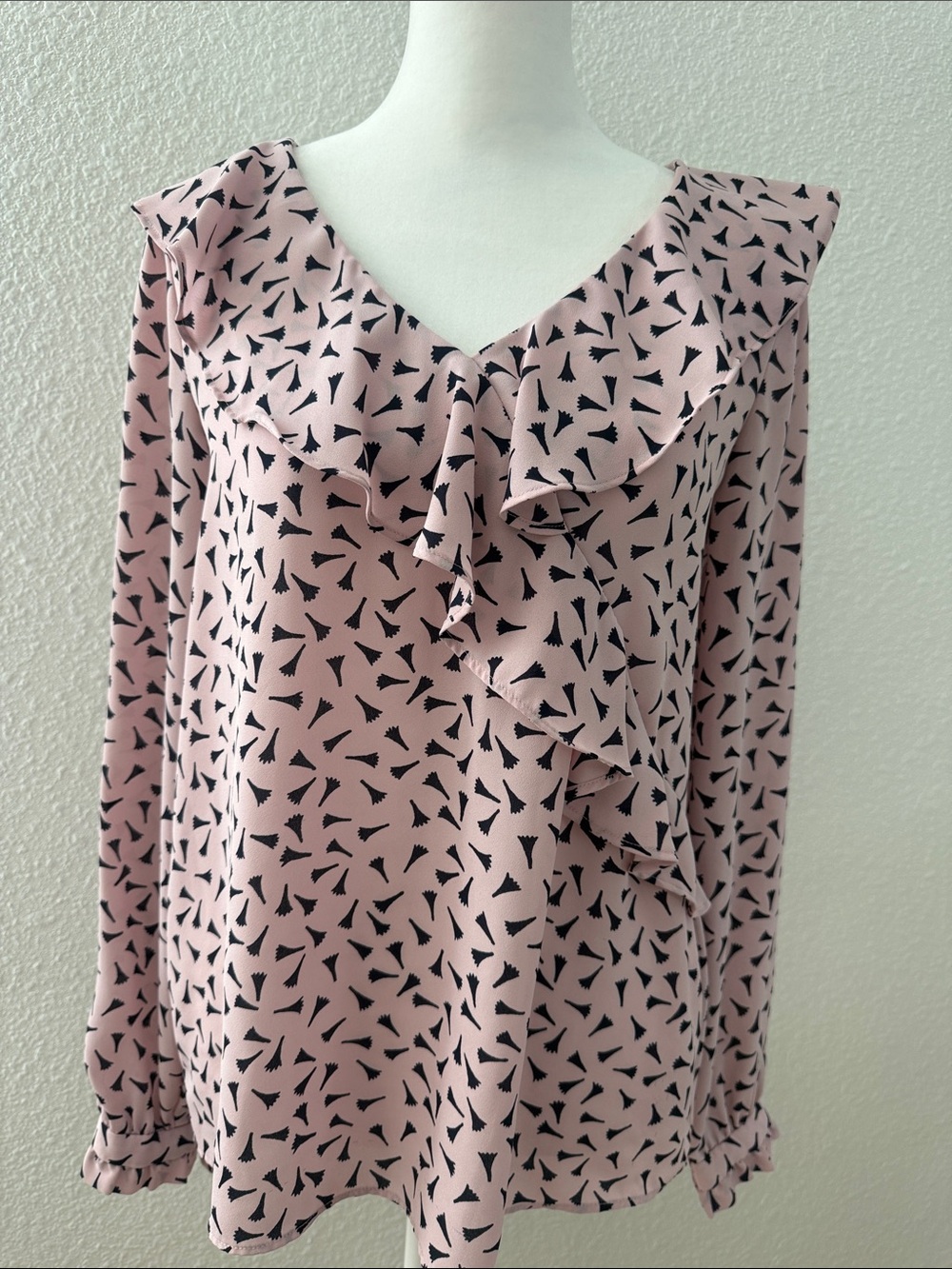 LOFT Pink Ruffle V-Neck Blouse with Black Abstract Print